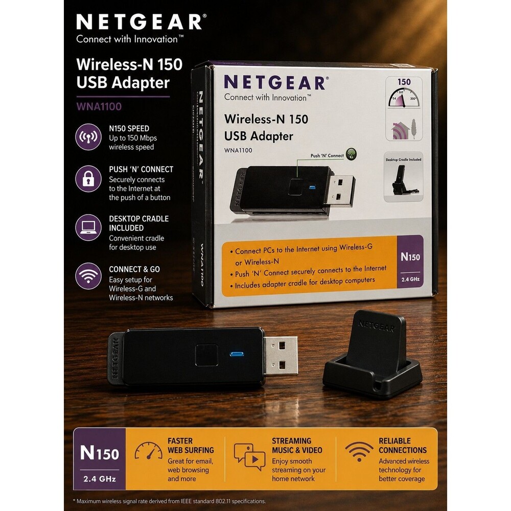 NETGEAR WNA1100 N150 Wireless-N USB WiFi Adapter w/ Cradle Tested Working